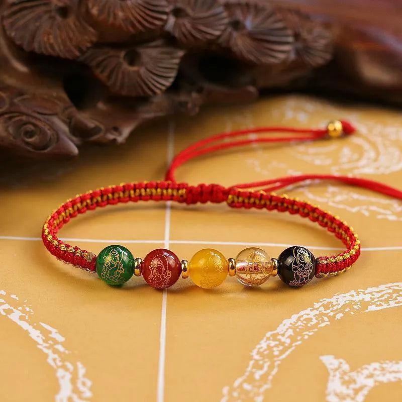 Red and black hand-woven rope bracelet with five geometric agate beads, Five Gods of Wealth design, national style.