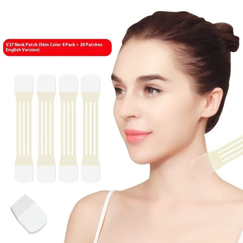 Skin tone neck firming adhesive tape sling with four straps and a pack of twenty patches.