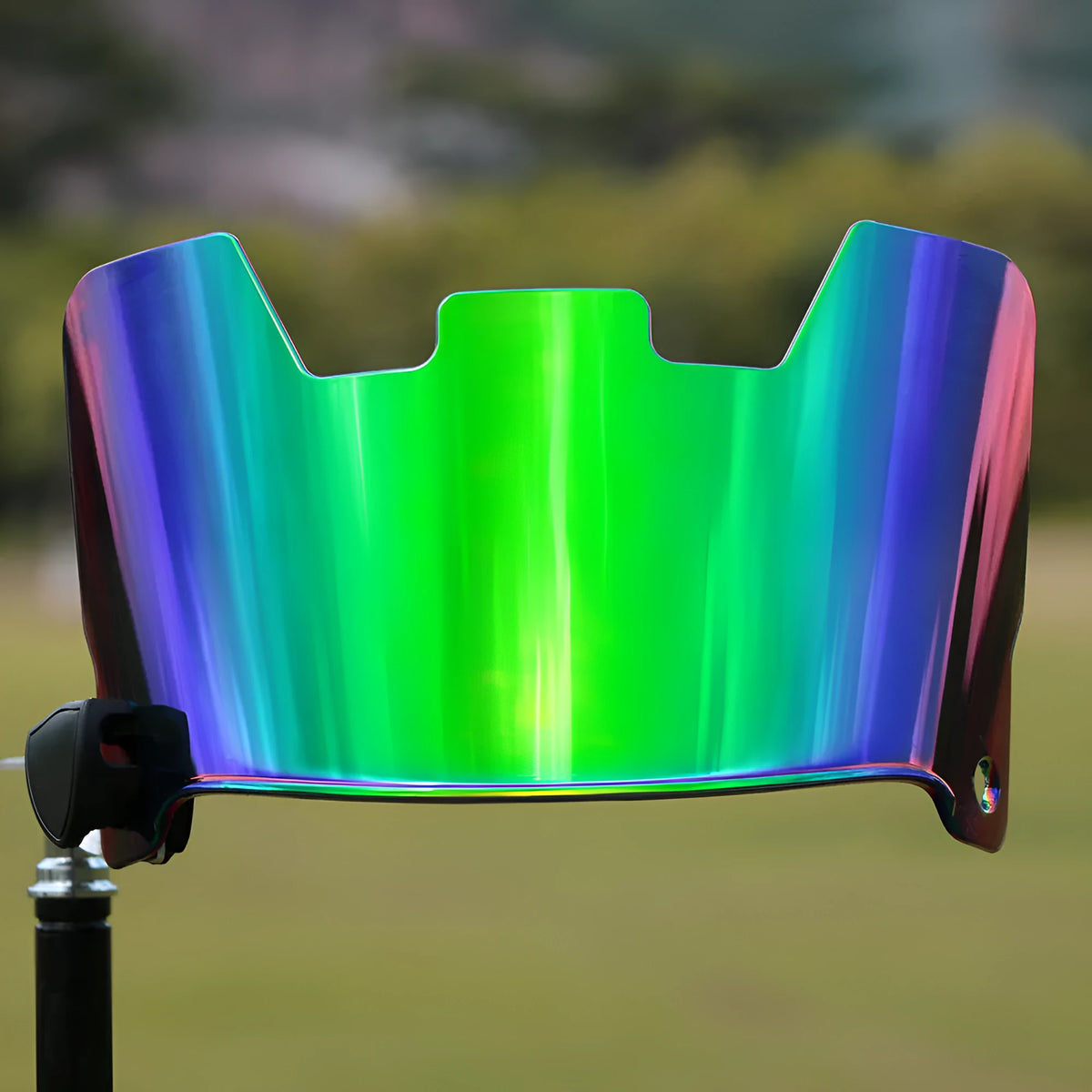 American style rugby helmet goggles in a multicolour option, showing attachment to a rugby helmet.