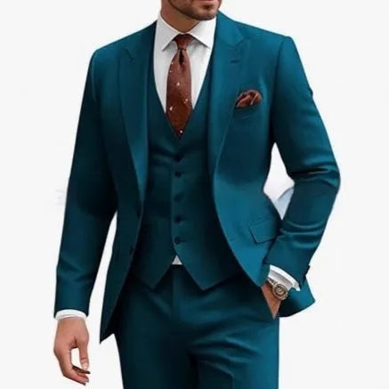 Men's slim fit three-piece suit in a chemical fibre blend, available in multiple colours.