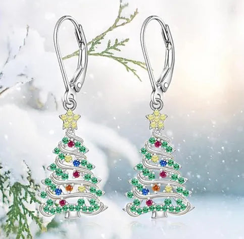 Copper Christmas tree earrings with star design in white gold colour finish for women