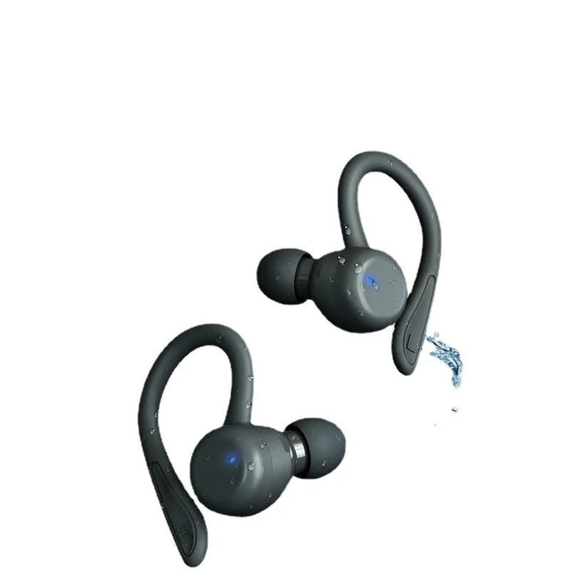 Black hanging ear true wireless sports headphones with removable silicone ear hooks and braces on a blue background.