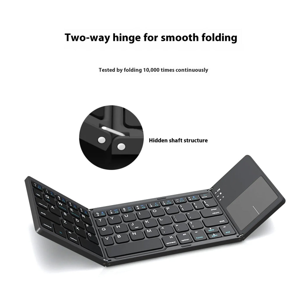Mini tri-fold Bluetooth keyboard in black showing unfolded typing surface and thin profile