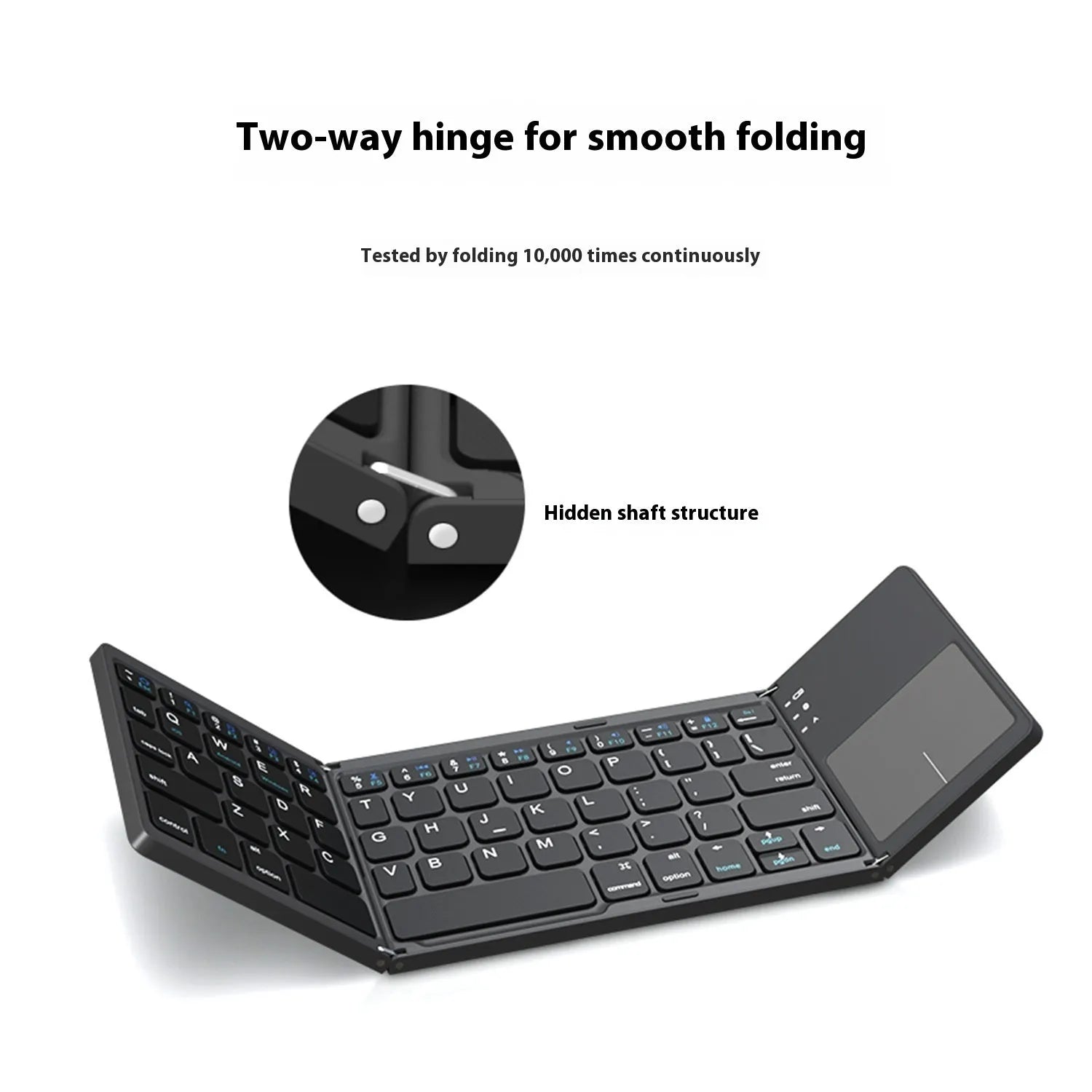 Mini tri-fold Bluetooth keyboard in black showing unfolded typing surface and thin profile