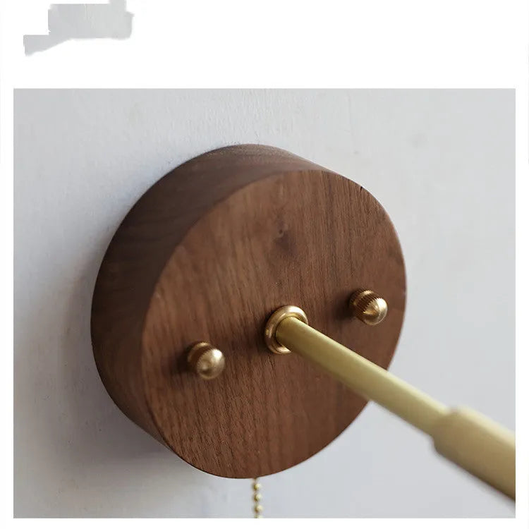 Nordic style bedside wall lamp in walnut or raw wood colour finish with adjustable light tones