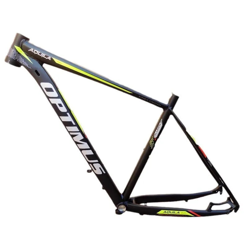 Black green aluminium 29-inch mountain bike frame with disc brake mounts and internal cable routing ports.