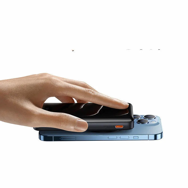 Slim magnetic wireless power bank in blue colour showing compact dimensions and charging cable