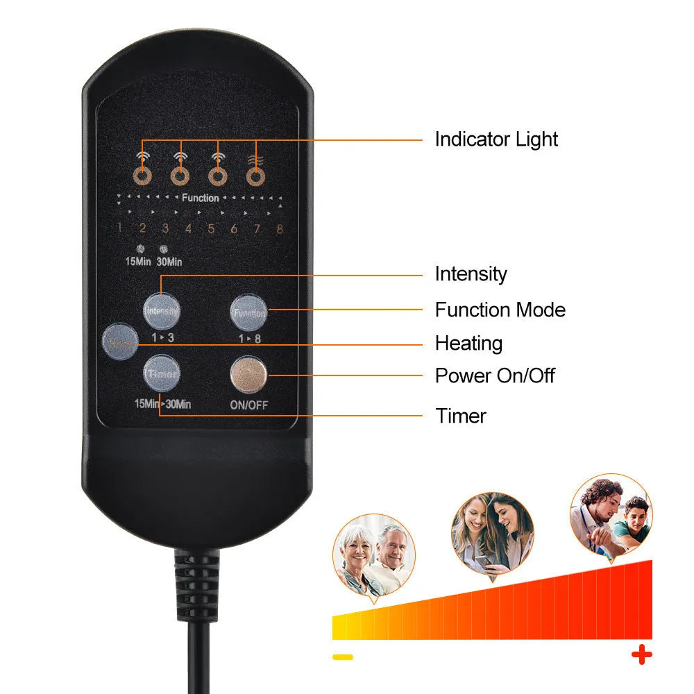 Black electric cervical kneading massager with wireless remote control on black background