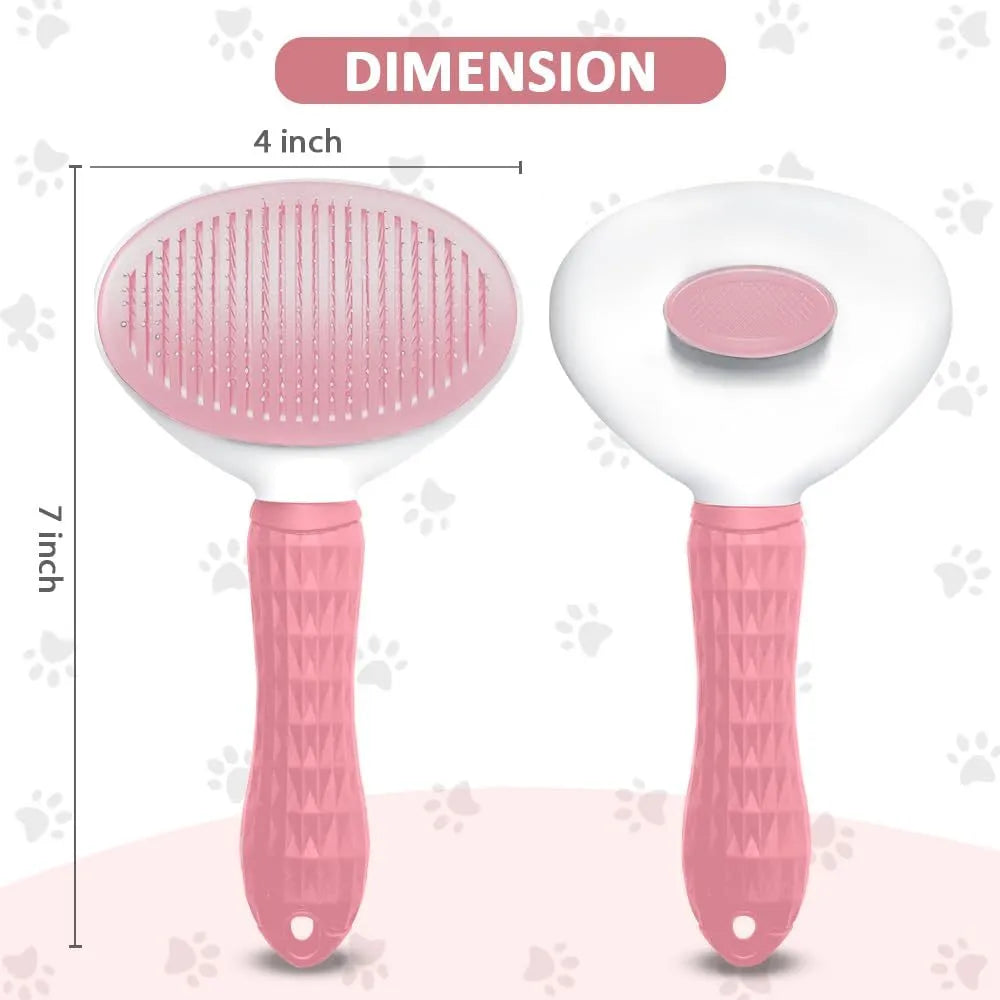 Blue, grey, and pink cat brush with a release button for pet hair removal
