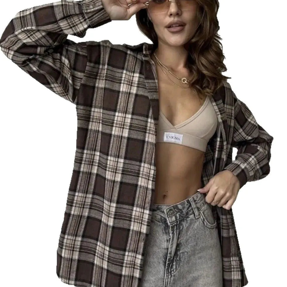 Women's retro striped cotton shirt in dark brown with long sleeves and artistic design