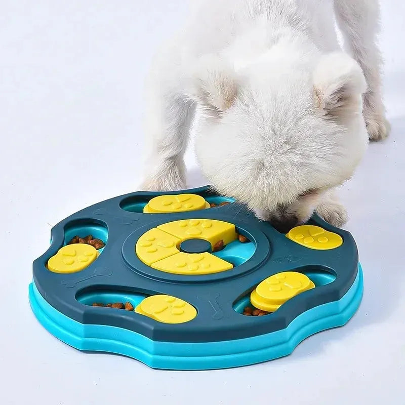 Blue and pink dog puzzle toy bowl for interactive feeding games and aggressive chewers
