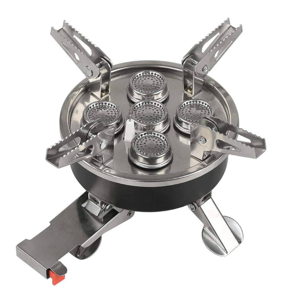 Silver portable split camping stove with stainless steel body and a long black hose, shown folded.