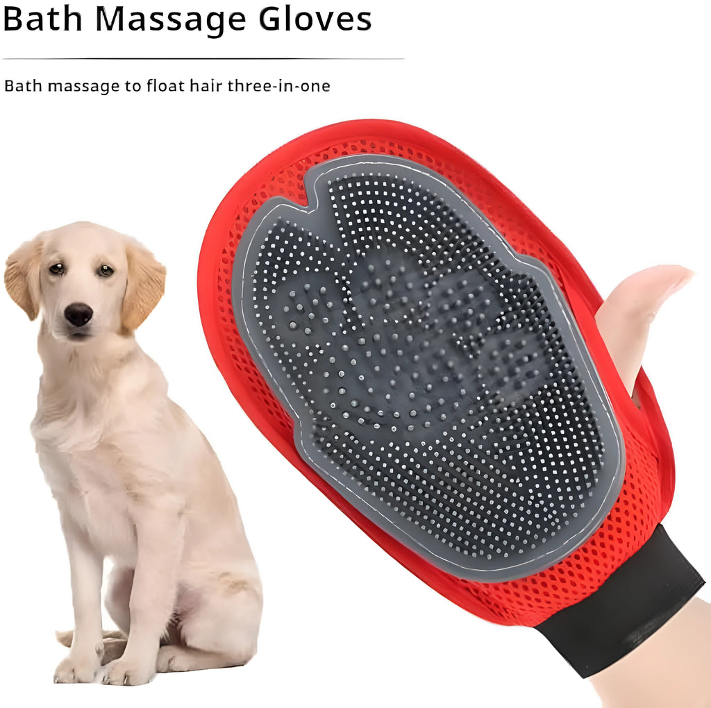 Red pet bathing and grooming glove with integrated brush surface for hair removal and massage