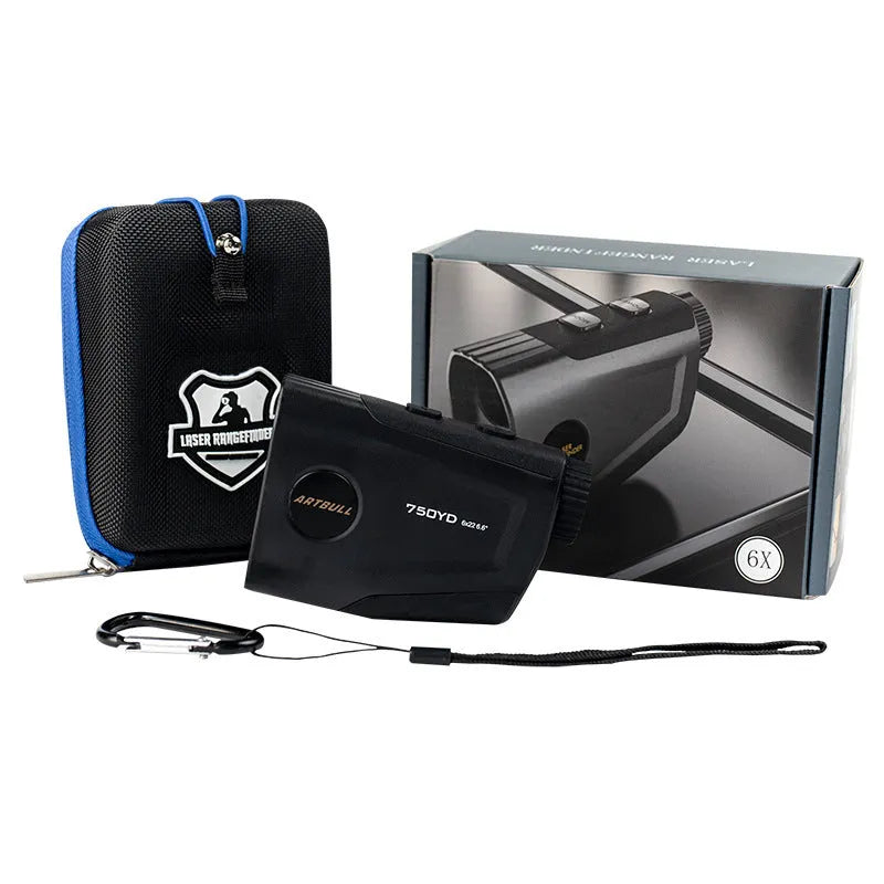 Rechargeable golf laser rangefinder with slope compensation and flag lock function showing LCD display