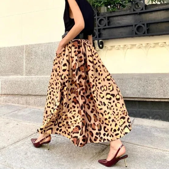 Brown leopard print women's A-line long skirt with big hem design