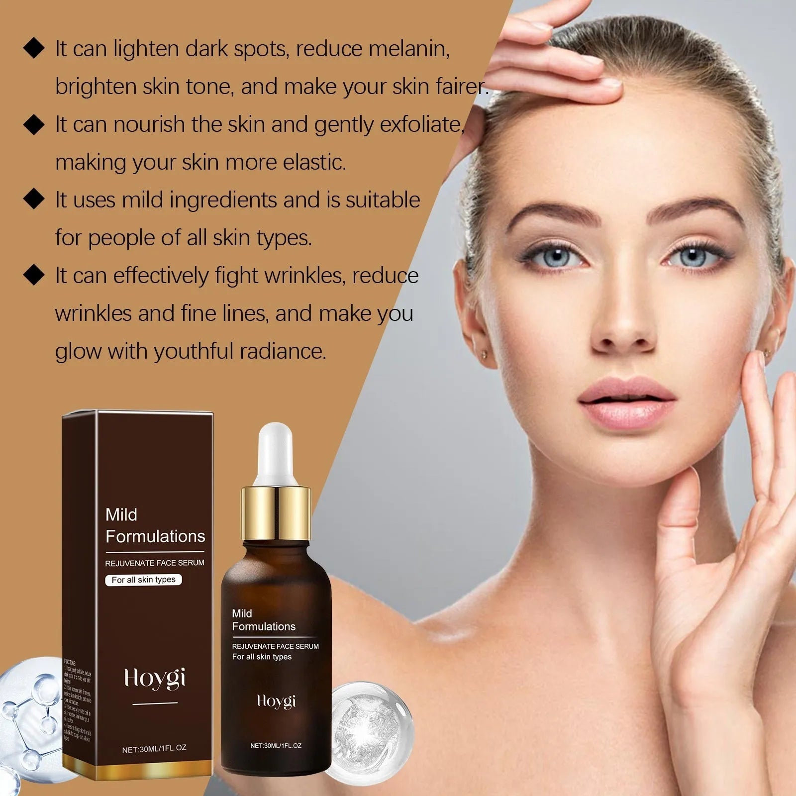 30 ml bottle of facial hydrating essence with arbutin, collagen, and vitamin C on a skincare shelf.