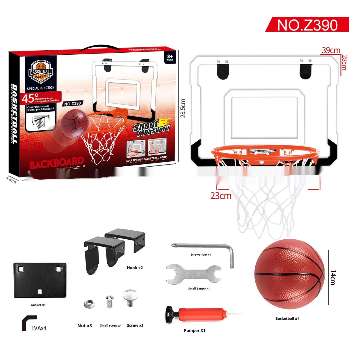 Red and blue folding basketball frame with suction cups, iron hook, and parallel panels for indoor dunk practice