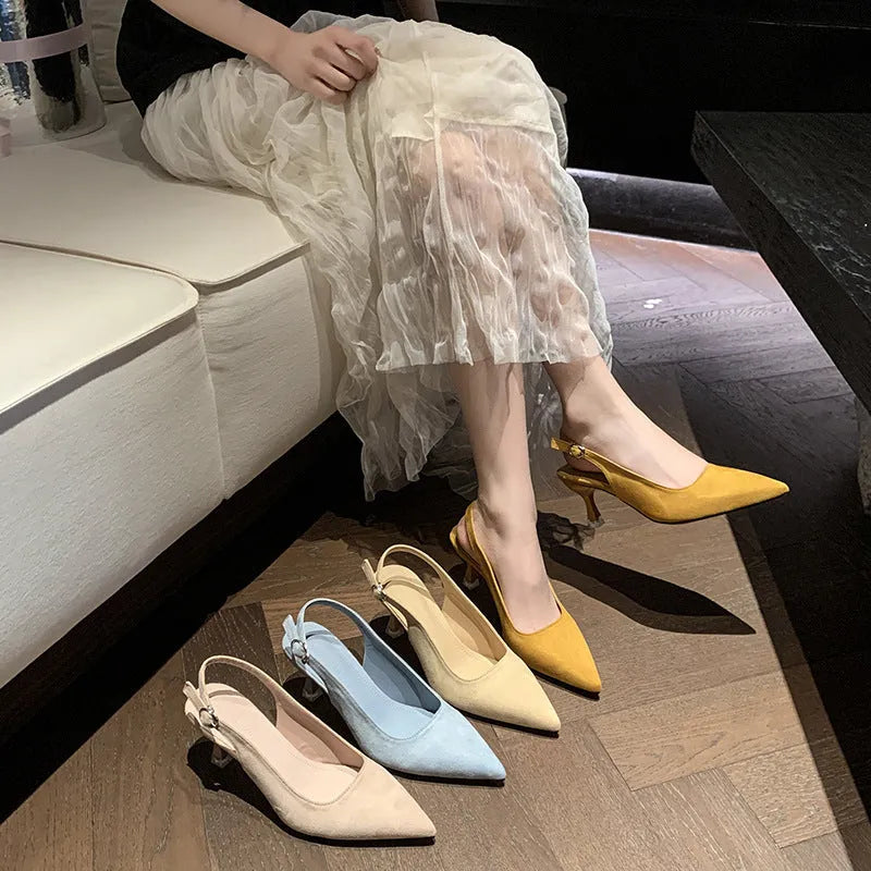 Women's suede stiletto high heels in pointed toe design showing apricot pink blue yellow colour options