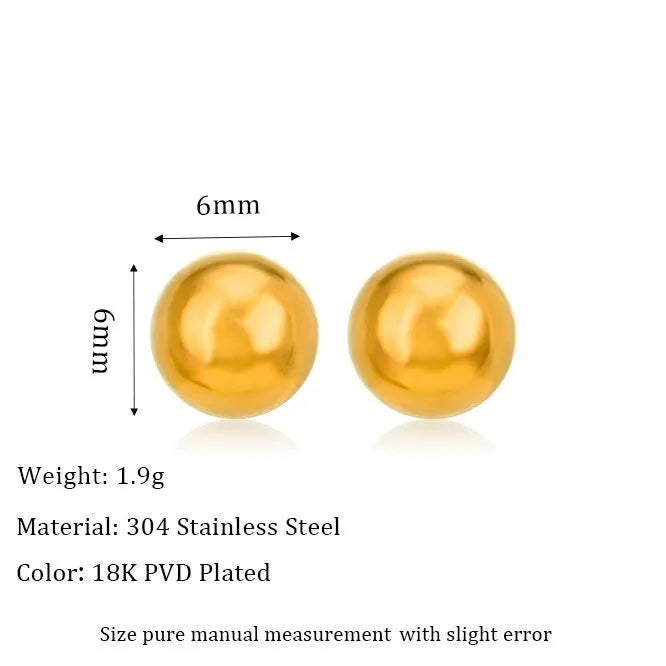 Gold and silver spherical ball stud earrings in 3mm, 4mm, 5mm, and 6mm sizes on a plain background.