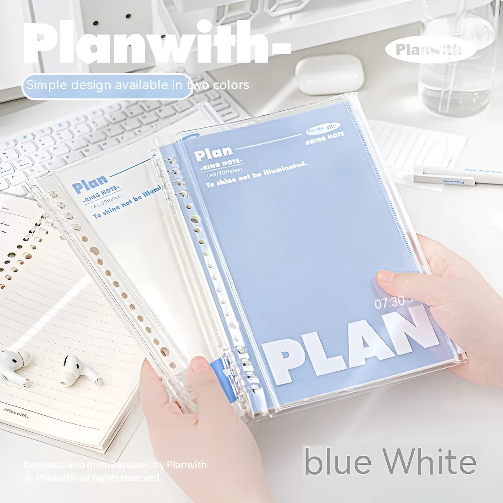 Clear A5 PVC spiral binder organiser for loose papers, shown in blue and white colour options.