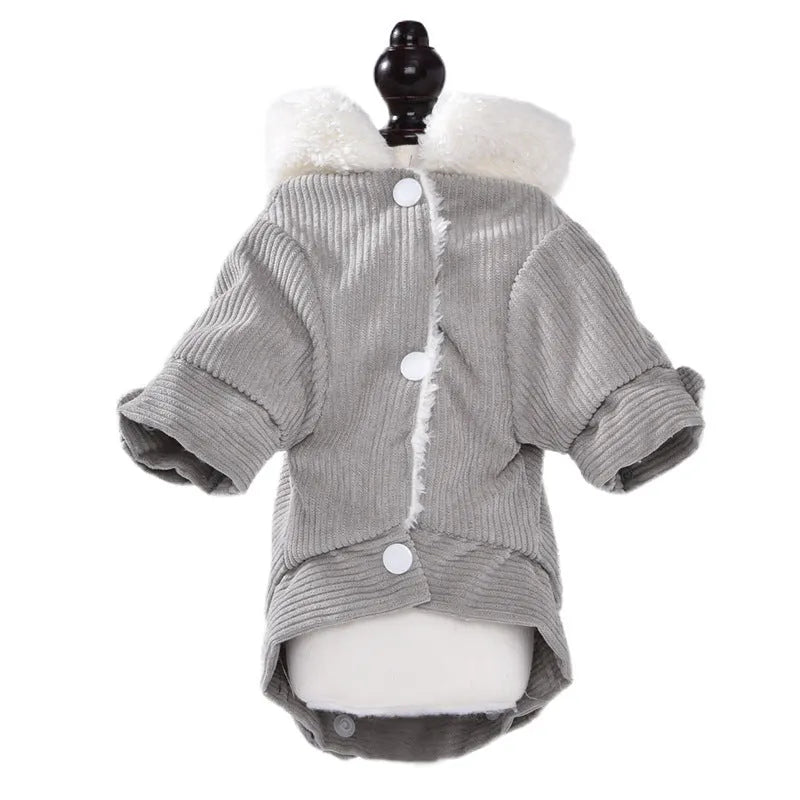 Dog wearing grey lambswool fleece-lined vest for autumn and winter warmth keeping