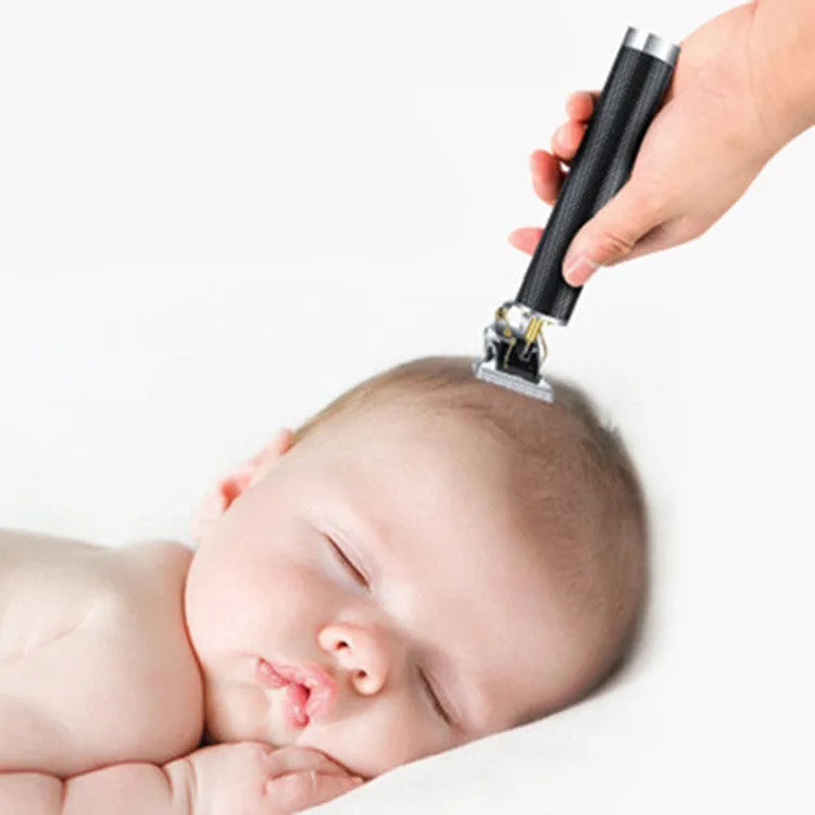 Black rechargeable electric hair clipper with four plastic guide combs and a cleaning brush on a white background