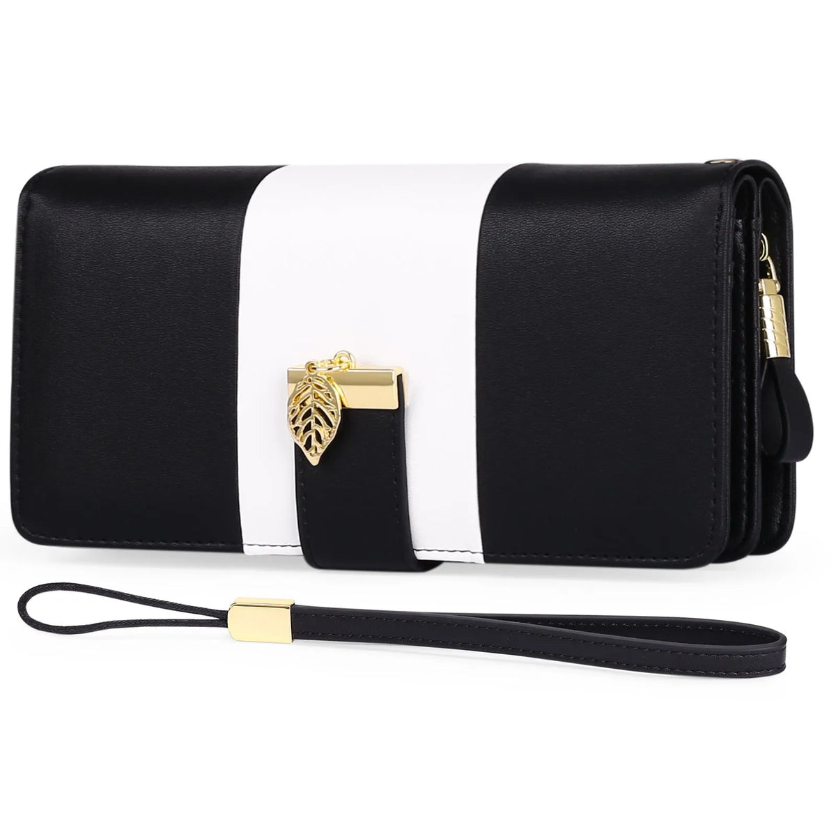 Anti theft clutch handbag with lock opening in PU leather, showing interior organisation and colour options