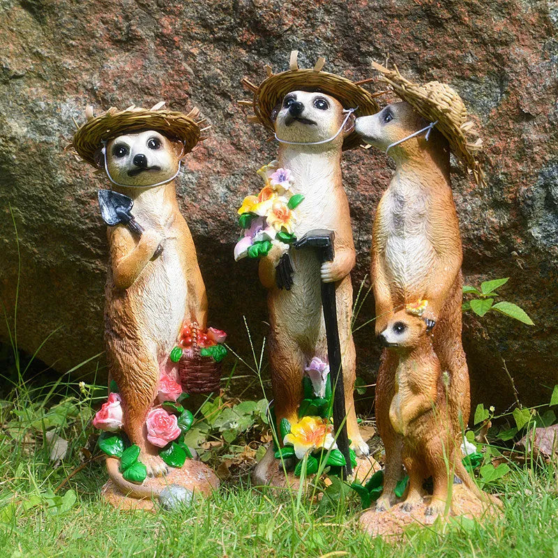 Straw hat mongoose resin ornament for bonsai and garden decoration.