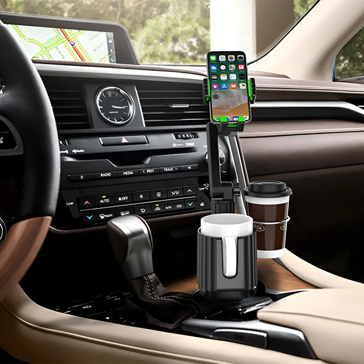 Green car cup holder expander with travel kettle slot, phone holder and additional drink compartments