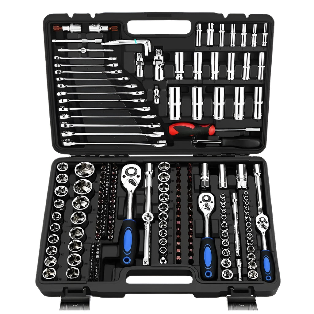 Chromium vanadium steel socket ratchet wrench set for car and home repair.