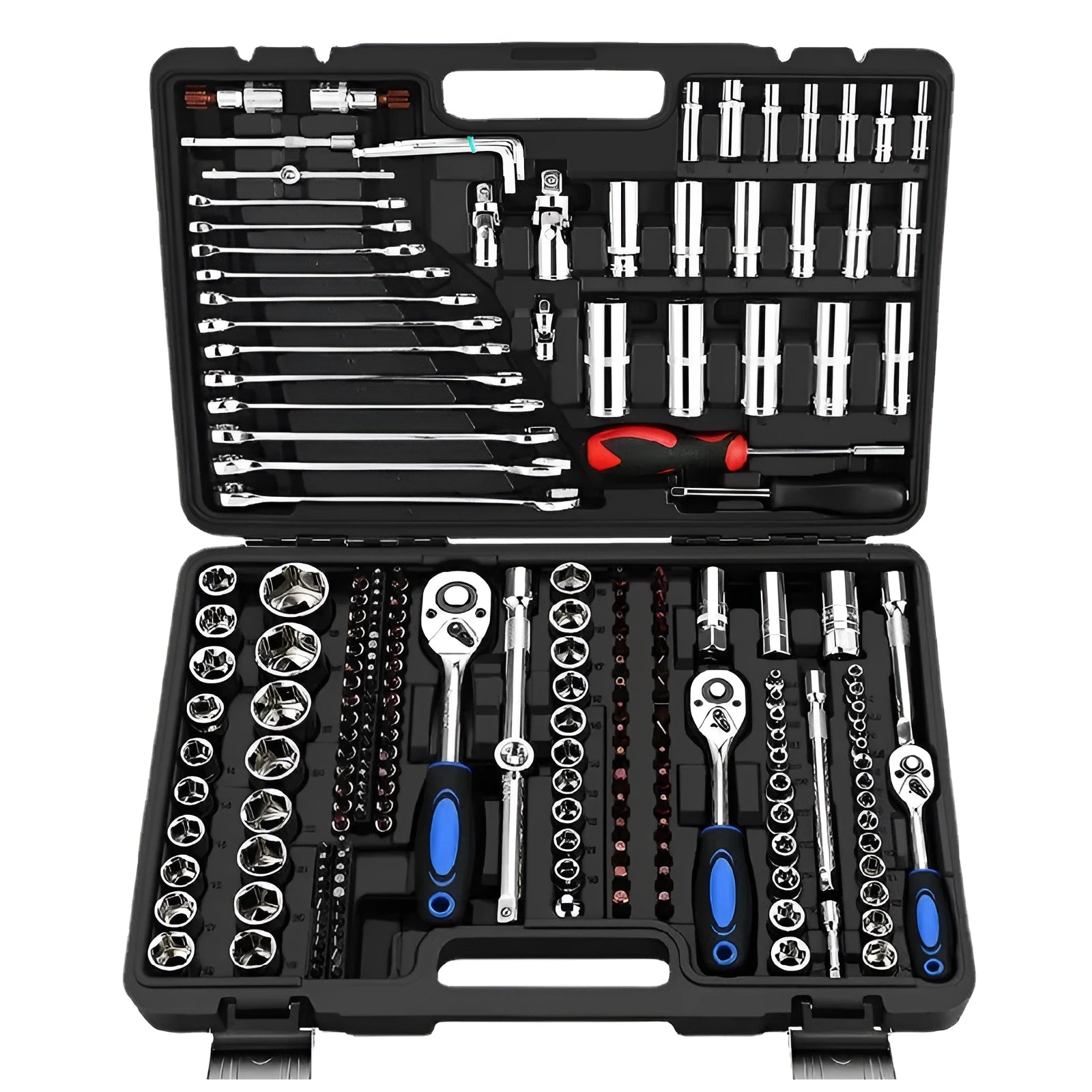 Chromium vanadium steel socket ratchet wrench set for car and home repair.