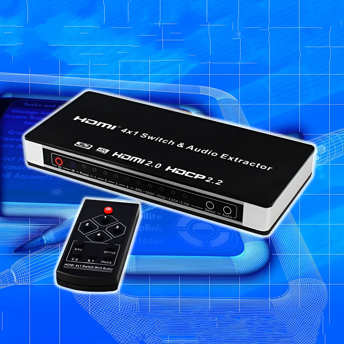 Black HDMI switch unit with remote control for 4-input 1-output video switching with audio separation