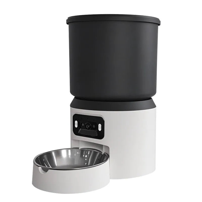 White 4-litre smart pet feeder with LED display, Wi-Fi antenna, and a stainless steel bowl on the floor.