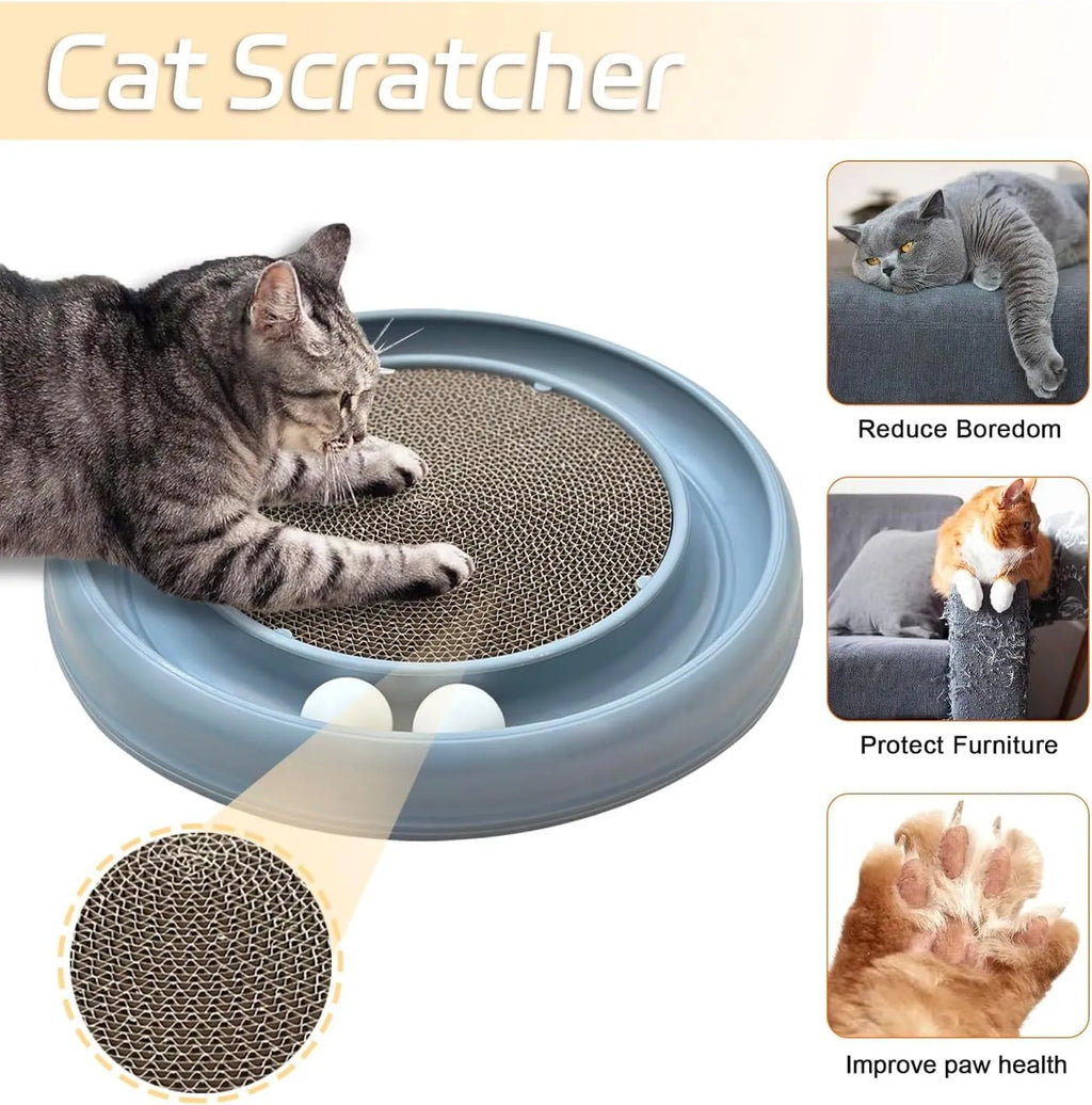 Round cat scratching board with ball track, 16 inch base, 11 inch reversible pad, Blue Gray Green or Purple.
