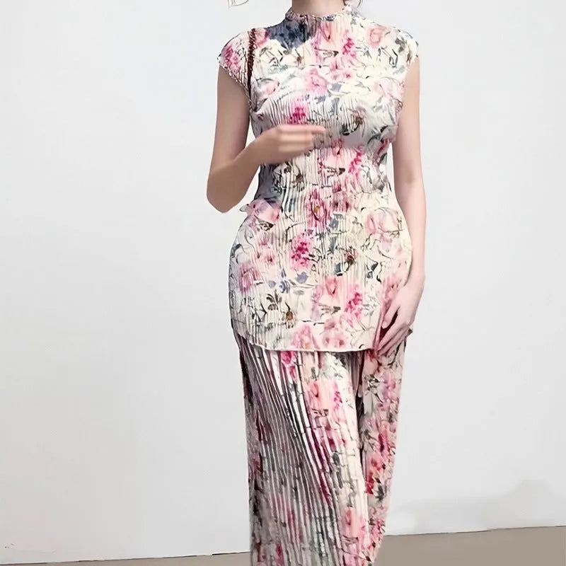 Women's printed chiffon two-piece dress set with long sleeves and high waist design