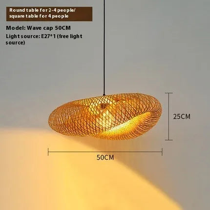Bamboo straw hat-shaped hanging chandelier lamp in natural woven material
