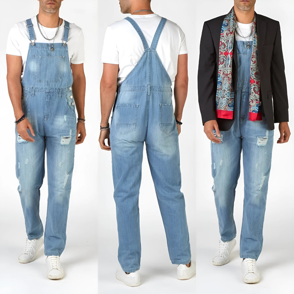 Men's light blue jeans with suspenders, ripped detailing, straight legs, and button fly