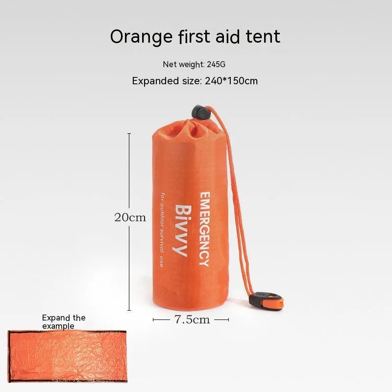 Orange four-season disaster relief tent kit with sleeping bag and raincoat for emergency outdoor shelter