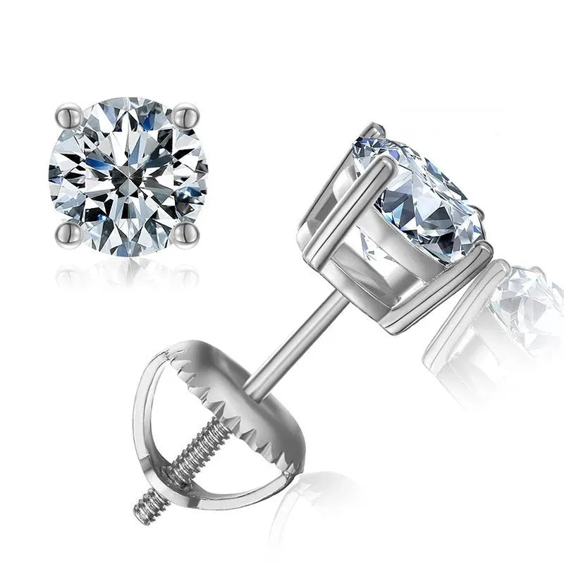 Silver moissanite stud earrings with four-claw geometric setting and 7mm width showing included certificate and tools