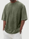 Men's stonewash distressed polyester pullover T-shirt in solid colour with loose fit and half sleeves