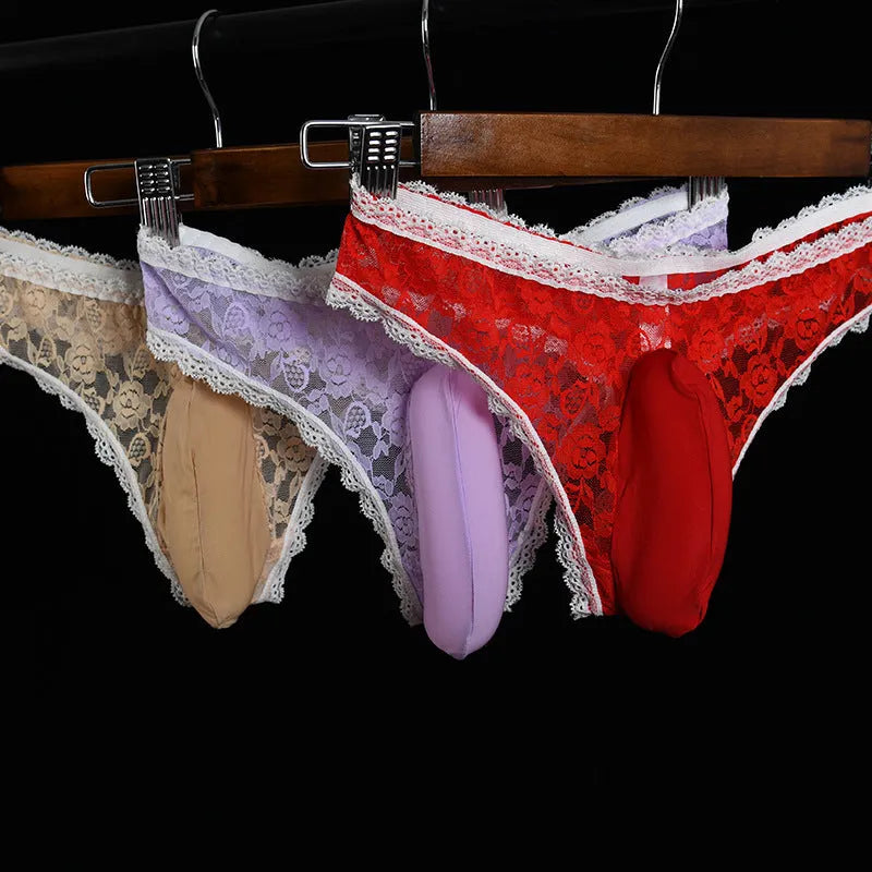 Men's lace briefs with vertical bag egg design in low-waist triangle cut