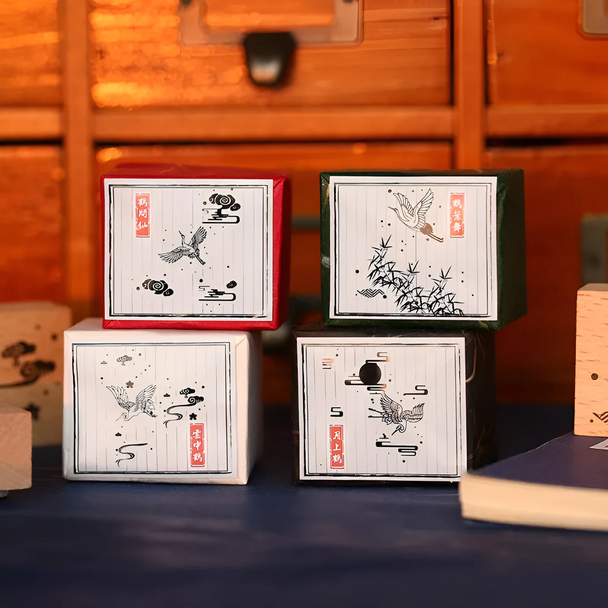 Mr Paper wooden seal set showing handcrafted stamp with crane design for DIY printing projects