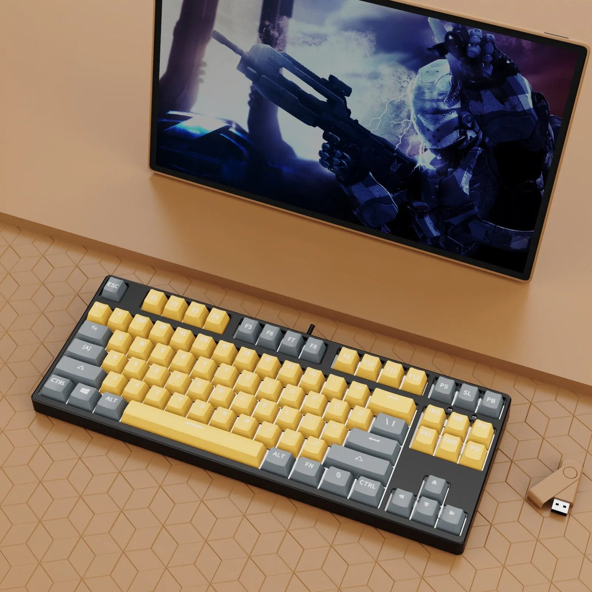 87-key hot-swappable mechanical gaming keyboard with two-tone keycaps and metal chassis