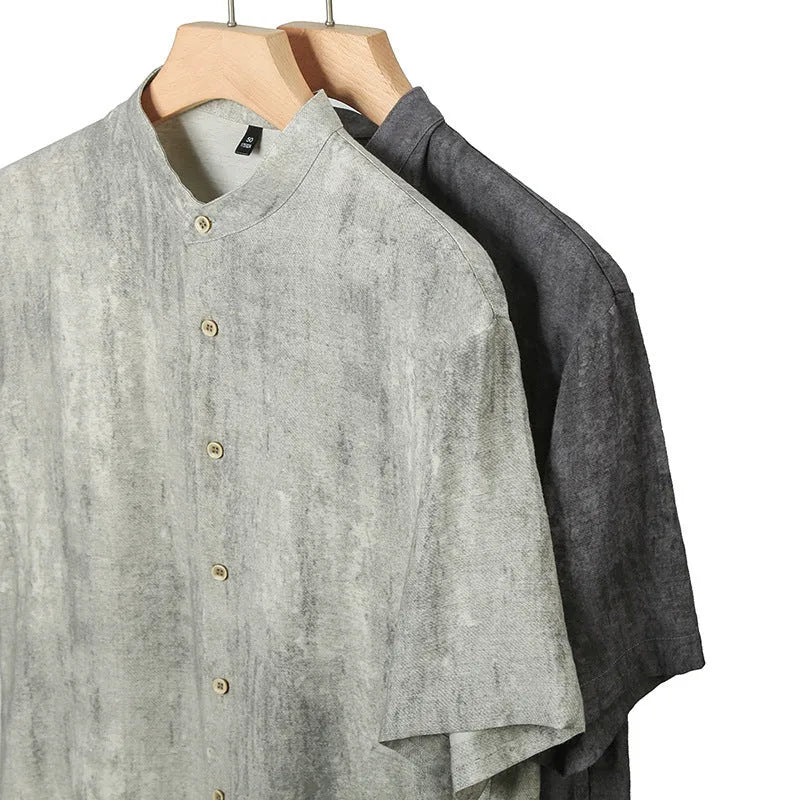 Men's loose fit linen-style shirt with stand collar in grey colour on hanger