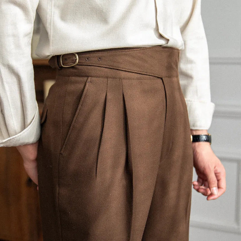 Men's high waist straight leg casual trousers in polyester fabric, shown in black colour.