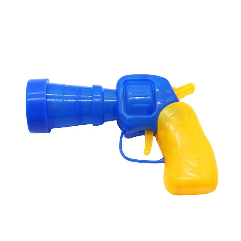 Interactive dog toy launcher gun with soft plush yarn balls for fetch games.