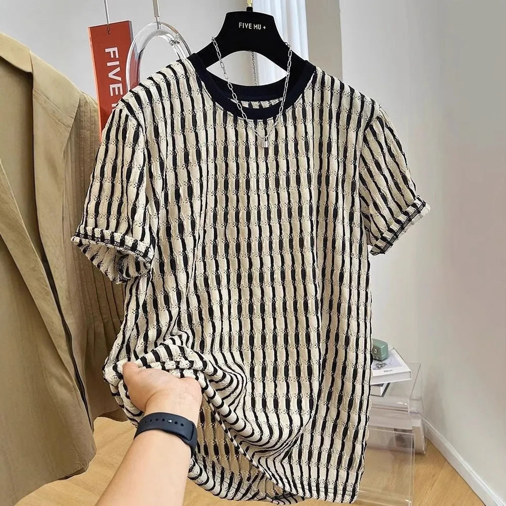 Black striped men's linen pullover shirt with short sleeves and loose casual fit