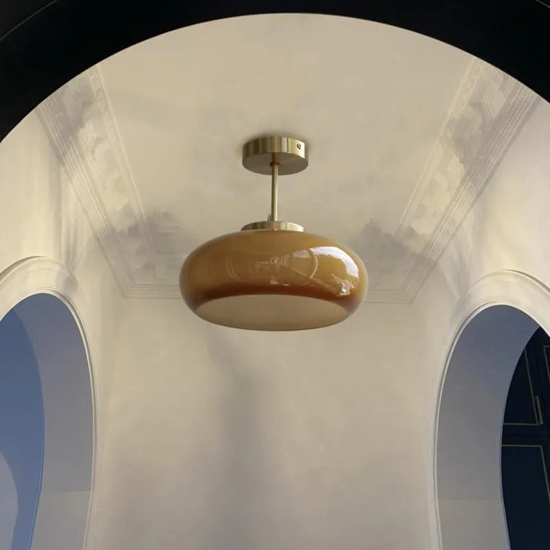 Bauhaus retro pendant light with three milk white glass egg tart shaped shades in cluster formation