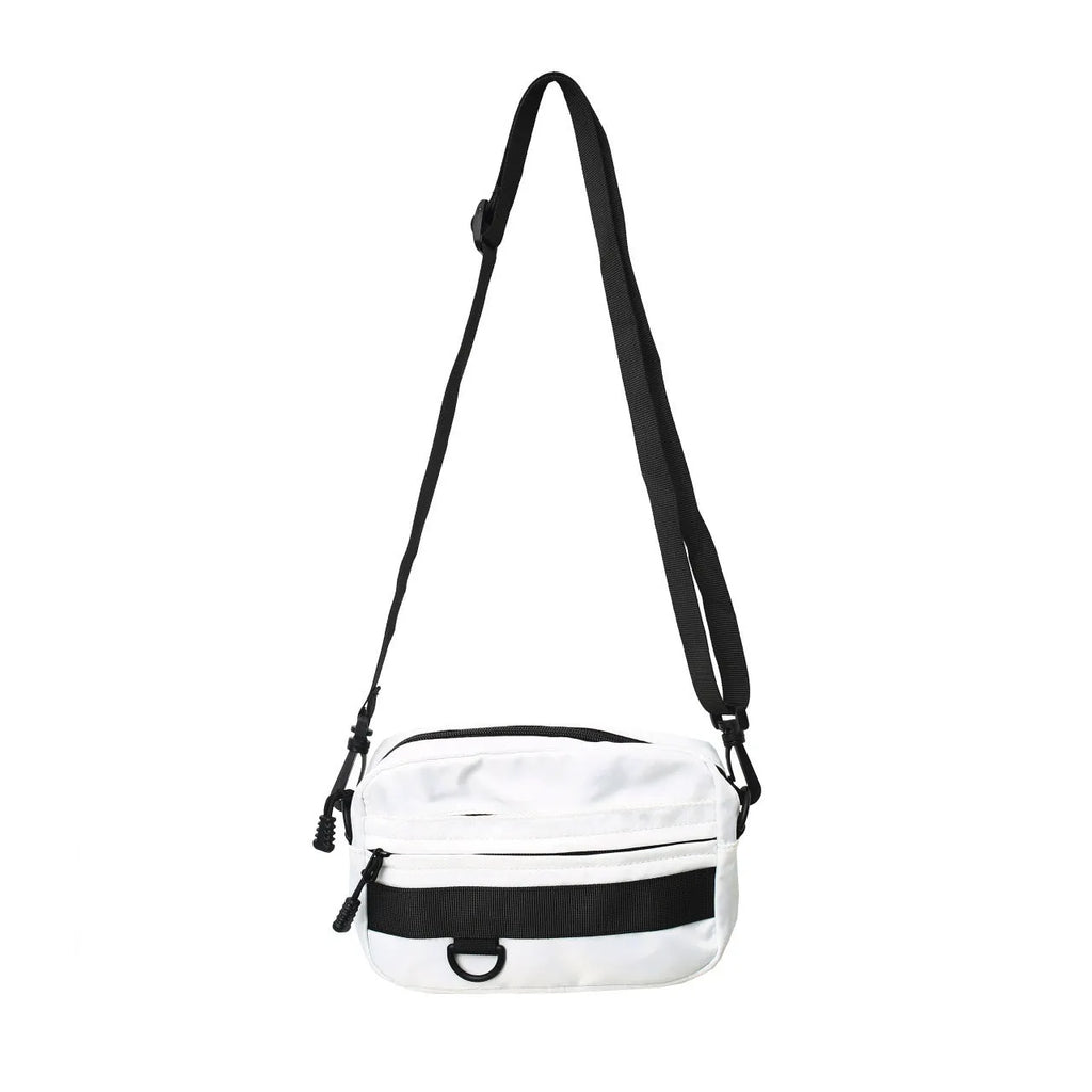 Men's nylon messenger bag in black, blue, green, or white with crossbody strap and street style design