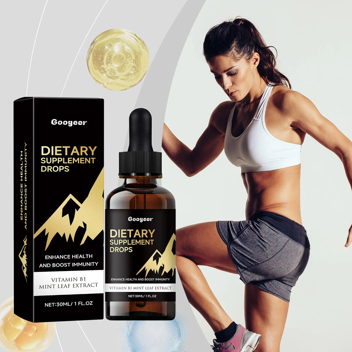 30ml bottle of vegan vitamin D dietary supplement drops with a built-in dropper.